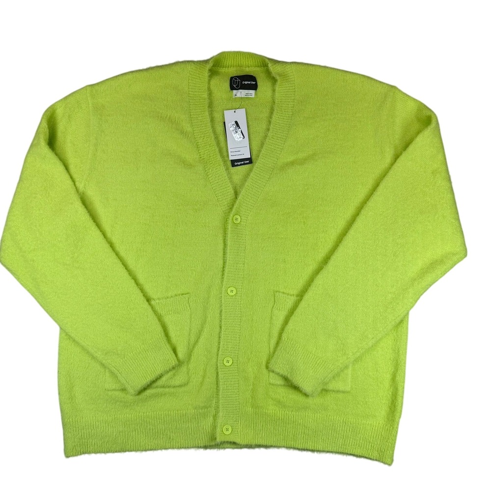 Original Use Mens XL Neon Green Recycled Polyester Fuzzy Knit Button Cardigan